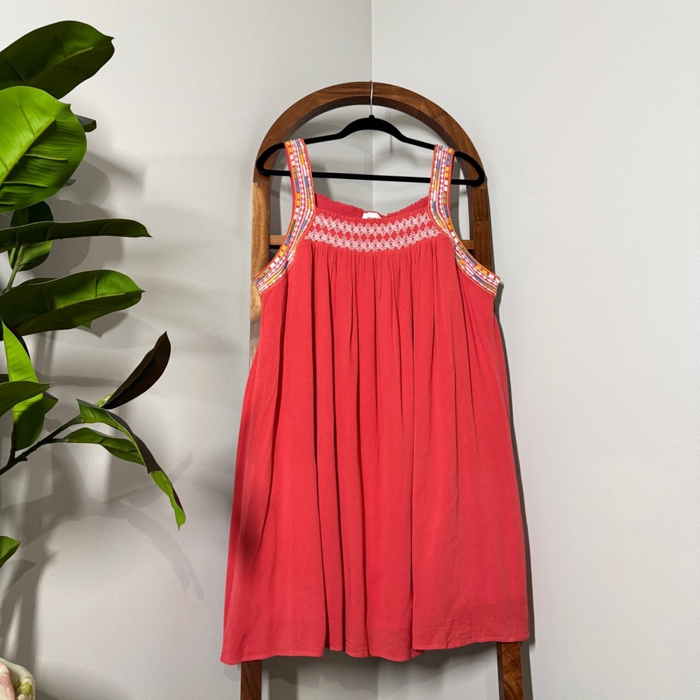 Heyson 1XL Pink Embroidered Square Neck Crinkle Gauze Sleeveless Dress